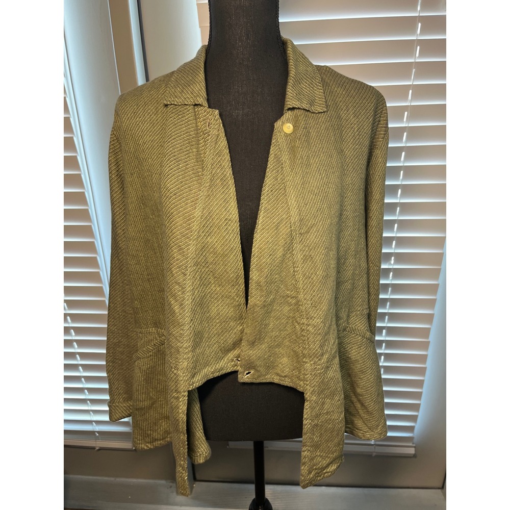 FLAX Jeanne Engelhart 100% Linen Olive Green Asymmetrical Jacket Shirt Small - Picture 2 of 9